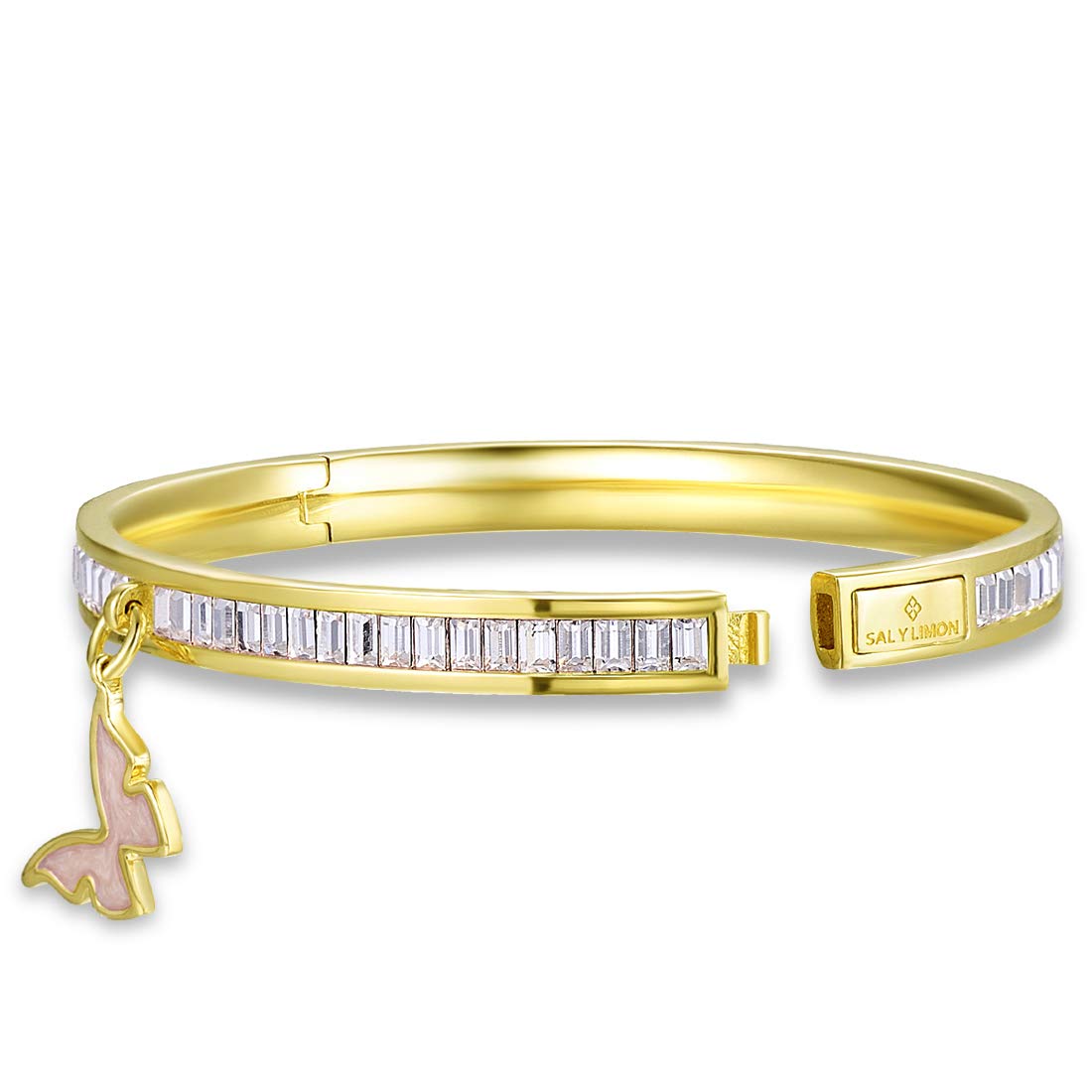 Santuzza Yellow Gold Plating Bangle Brass Enamel Crystal Bracelet with Butterfly Accessories Ideal Jewelry Gift for Women Girls (Pink)