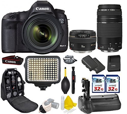 Canon EOS 5D Mark III DSLR Camera + Canon 50mm f/1.4 USM + Canon 75-300mm + 500mm Preset - Kit Includes a Deluxe Camera Backpack + 2Pcs 32GB Commander Card + Battery Grip