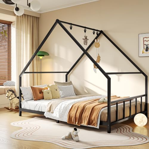 SIMPLE ESPACIO Base Cama Matrimonial,Base de Cama Matrimonial con Metal,Recamara matrimonial con Techo Triangular,Base para Cama Matrimonials con 6 Ganchos,Cabecero y Pie de Cama de Metal.(Negro)