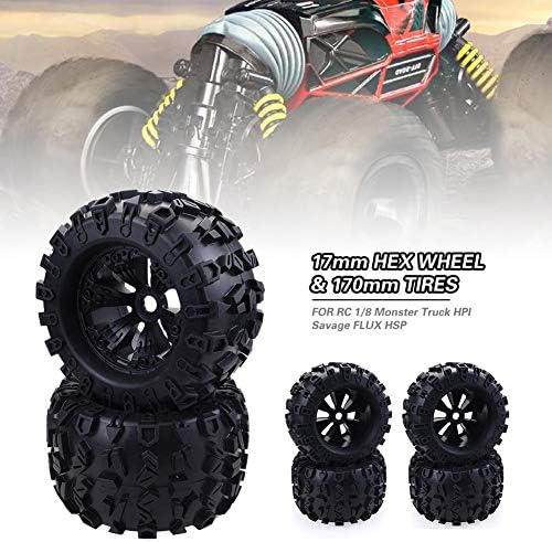 Nifera for RC 1/8 Monster Truck HPI Savage Flux HSP 17mm HEX Wheel & 170mm Tires Black Front Rear Pentagram Plastic Wheel Rims + High Grip Rubber Tires Tyres