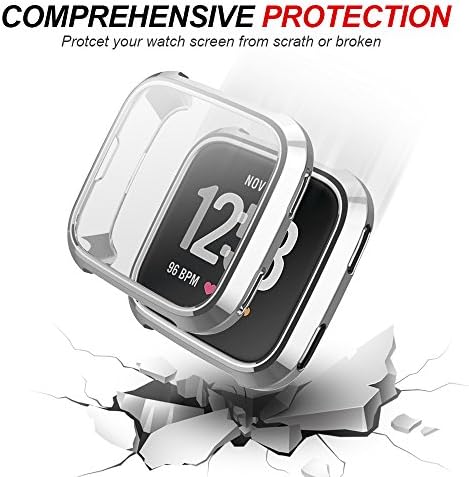 Fitbit Versa Screen Protector Accessories, JZK Scratch-Resistant Flexible Lightweight Plated TPU Fullbody All-Around Protective Case for Fitbit Versa Smart Watch,Silver