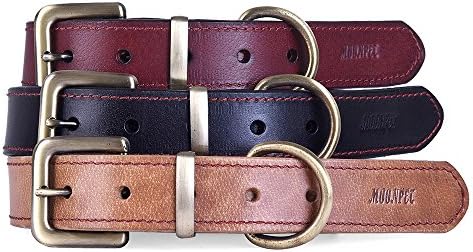 Moonpet Soft Real Genuine Leather Dog Collar - ID Tag Name Plate D-Ring - Heavy Duty for Small Medium Large Dogs Safety - Great for Running Walking Training - Dark Brown 16.5-20.5