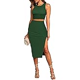 Pink Queen Women's 2 Piece Crew Neck Sleeveless Ribbed Tank Top Bodycon Slit Midi Skirt Outfit Dress Set