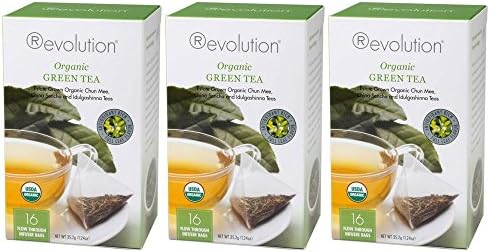 Revolution Tea, Organic Green Tea 16 Flow-through Infuser Bags in a Stay-Fresh Container (3 pack)