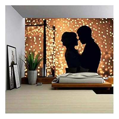Hugs Lovers in Silhouette Against The Background of Garlands of Lights - Removable Wall Mural | Self-Adhesive Large Wallpaper - 100x144 inches