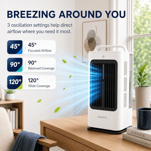 XAMATTS Portable Air Conditioners, 1700ml Evaporative Air Cooler with Remote, 120° Oscillating Mini Air Conditioner Portable with 3 Speeds & 1-7H Timer, Portable AC Unit for Bedroom Room Office Desk