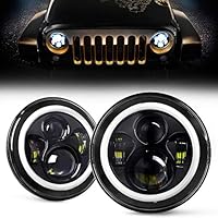 DOT Approved 7 Inch LED Halo Headlights for Jeep Wrangler JK TJ LJ 1997-2018, CREE LED Chip, 80W 9600 Lumens Hi/Lo Beam with DRL Amber Turn Signal Light and Halo Ring Angel Eyes 2PCS