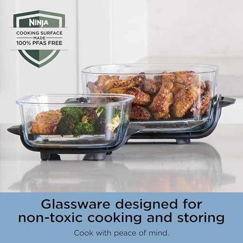 Ninja Crispi Sistema de cocción de freidora de aire de vidrio portátil 4 en 1, recipientes de vidrio de 4 cuartos y 6 tazas con tapas de almacenamiento, comidas fáciles, apto para microondas, congelador y lavavajillas, freír al aire, hornear y más, bígaro, FN101PL