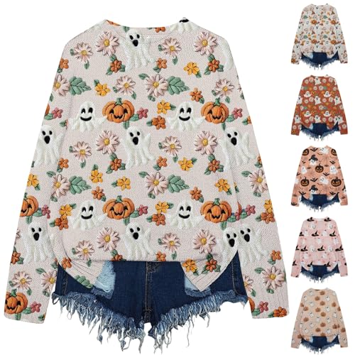 Womens Sweaters, Womens Sweaters Lightweight Crewneck Long Sleeve Knitted Jumpers Oversized Halloween Comfy Casual Pullover M Beige