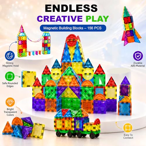 156PCS Magnetic Tiles STEM Building Toys Set with 2 Cars, Sensory Stacking Magnetic Blocks for Toddlers & Kids, Ideal for Preschool Montessori Toys Christmas Birthday Gifts for Boys & Girls Ages 3+