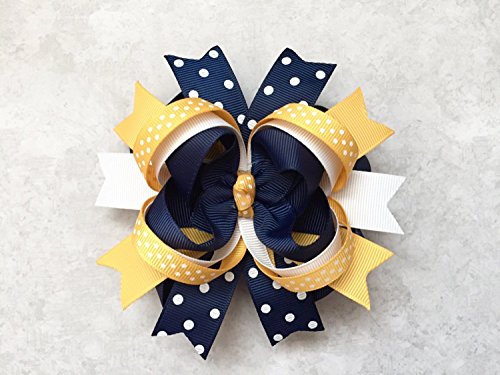 Navy Yellow Gold White Hair Bow, Handmade Navy Yellow White School Uniform Hair Bow, Private School Uniform Hair Clip - Thumbnail 2