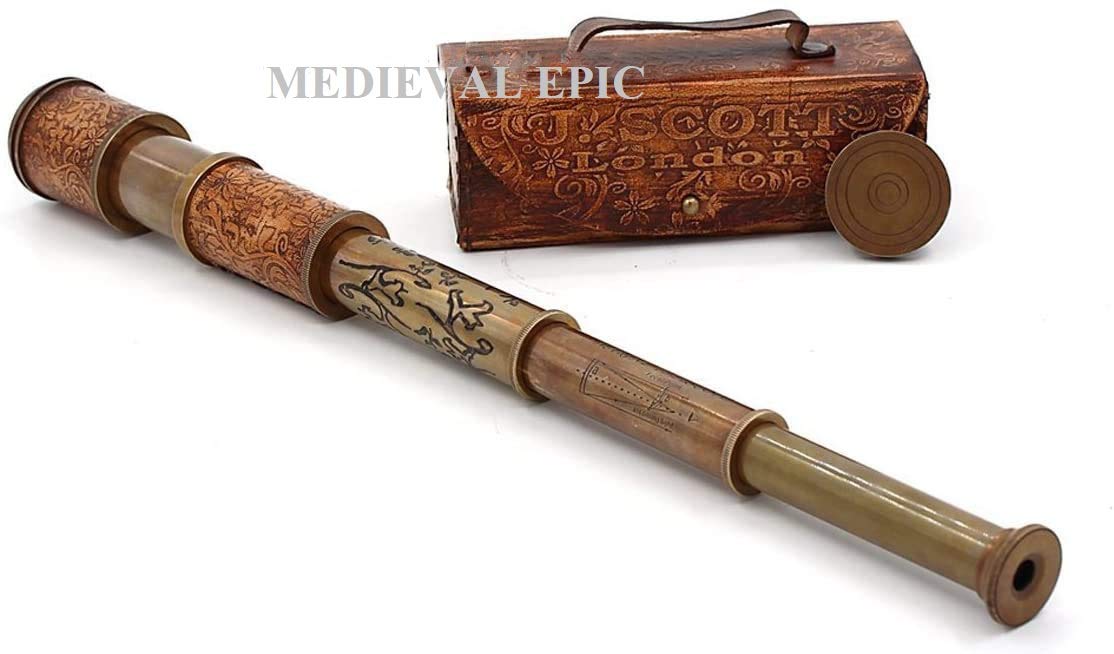 Roorkee Instruments (INDIA) Stempunk Gift Handheld Pirate Brass Spyglass Telescope with Leather Case/Sailor Home Decor Pirate Captain Boat Toy Gift (14", J. Scott)