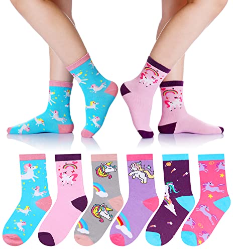 Girls Socks Unicorn Kids Crew Funny Cotton Cute Animal Novelty Cartoon Pattern Fashion Crazy Socks 6 Pairs