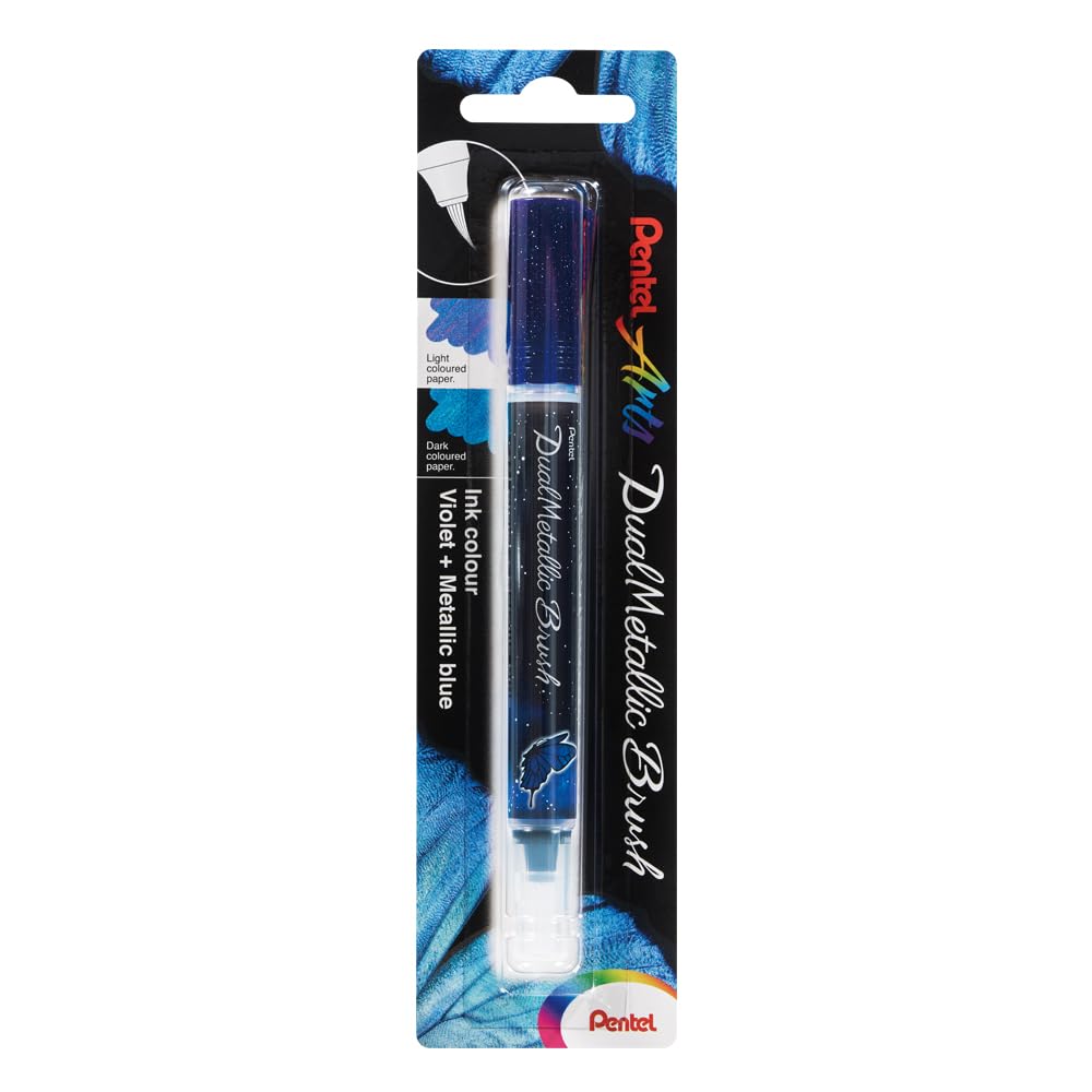 Pentel XGFH-DVX Dual Metallic Brush Pen Filled With Depending on Paper Colour, Iridescent Glitter Ink, Nylon Fibres, Fine to Wide Strok, Purple/Metallic Blue, 1 Piece on Blister Card
