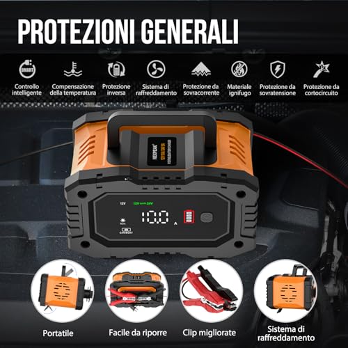 LiFePO4 12 V 24 V Intelligent Battery Charger 10 A Automatic Battery Maintainer with Temperature Compensation for Car Motorcycle Truck, AGM, Gel, Wet, SLA