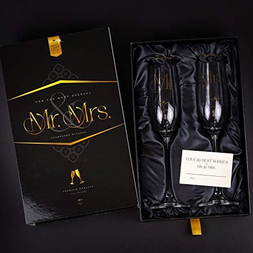 Luxury Crystal Wedding Champagne Glasses for Toasting | Gold Mr. Mrs. Toast Flutes Set for Bride and Groom | Elegant Champaign Gift for His and Hers Engagement Party, Bridal Shower, Couple Anniversary - Thumbnail 2