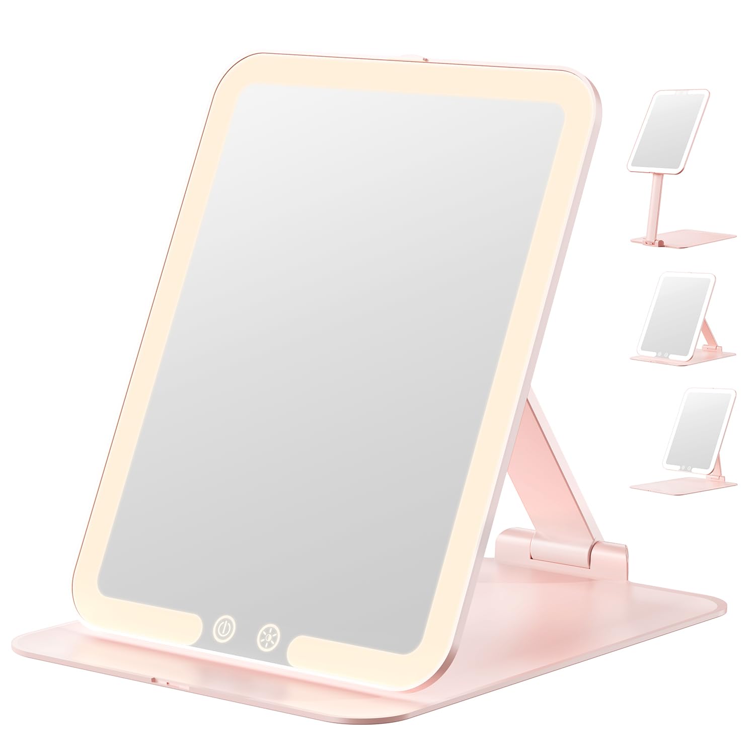Auxmir Rechargeable Travel Vanity Mirror, Portable Makeup Mirror, 3 Color Lighting, Dimming Touch Screen, Folding Rotating Lighted Beauty Mirror with Stand for Home, Travel(Pink)