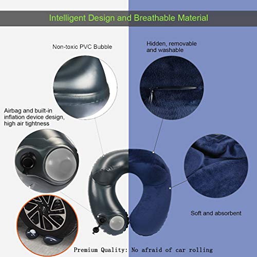 Philorn Inflatable Travel Pillow, Cervical Neck Pillow Inflatable, U Shaped Air Pillow with Soft Velvet Cover, Eye Mask, Earplugs | Self Pump No Need to Blow | Ideal for Sleeping on Train/Plane/Office
