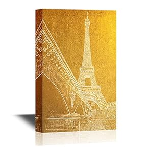 Golden Color Canvas Wall Art - Eiffel Tower in Paris - Gallery Wrap Modern Home Art | Ready to Hang - 12x18 inches