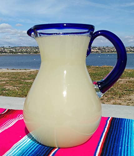 Mexican Hand Blown Glass Pitcher - Cobalt Blue Rim and Handle (84 oz)