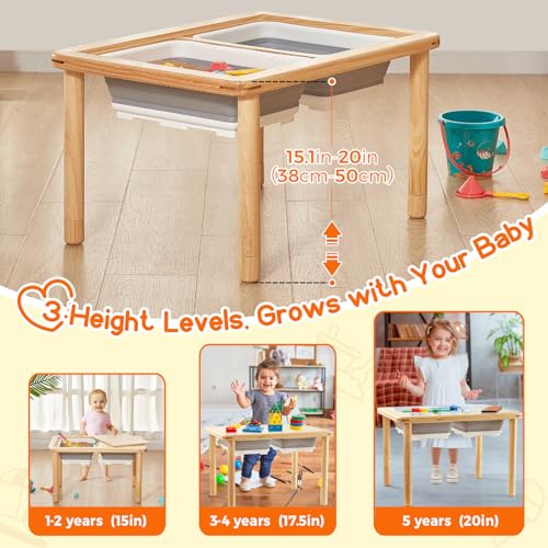 FUNLIO Wooden Sensory Table with 2 Bins for Toddlers 1-5, 3-Level Height Adjustable Kids Play Sand and Water Table, Anti-Warping Plywood Lid, Indoor/Outdoor Use, CPC Certified