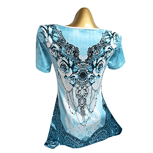 Plus Size Womens Clothing Respctful✿ Casual Short Sleeve T Shirt Boho Floral Print Top Ladies Casual Hem Blouse Blue
