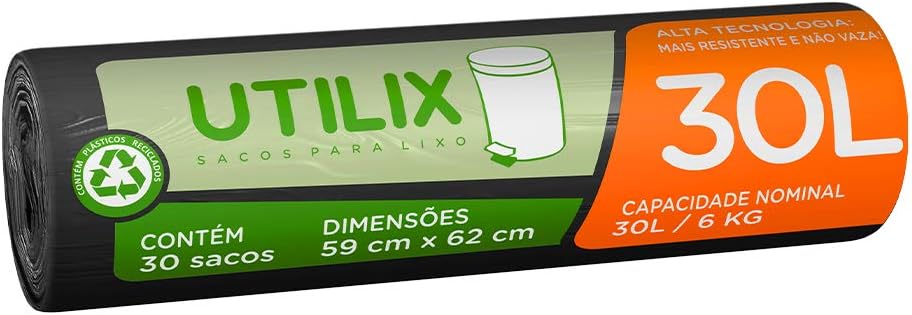 Utilix 510024312 - Saco para lixo, 30 litros, Preto, Rolo com 30 sacos