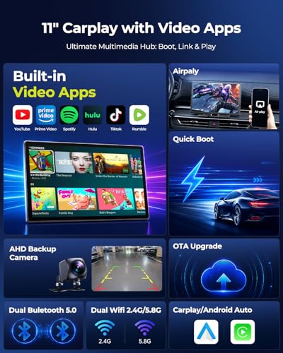 LAMTTO 11 Inch Wireless Carplay Screen for Car with YouTube & TikTok Video Apps,Portable Apple Car Play & Android Auto with Backup Camera/Navigation/In-Cell Touchscreen/Voice Assistant/OTA/Bluetooth