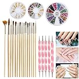 ETEREAUTY Nail Art Kit 15pcs Gold Wooden Nail Art Brush 12 Colors Nail Rhinestones 5pcs Pink Dotting Pens 12 Colorful Nail Art Rhinestones and Gold Nail Art Studs