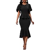 Womens Summer Ruffle Short Sleeve Fishtail Dress Evening Cocktail Formal Peplum Midi Mermaid Dresses Elegant