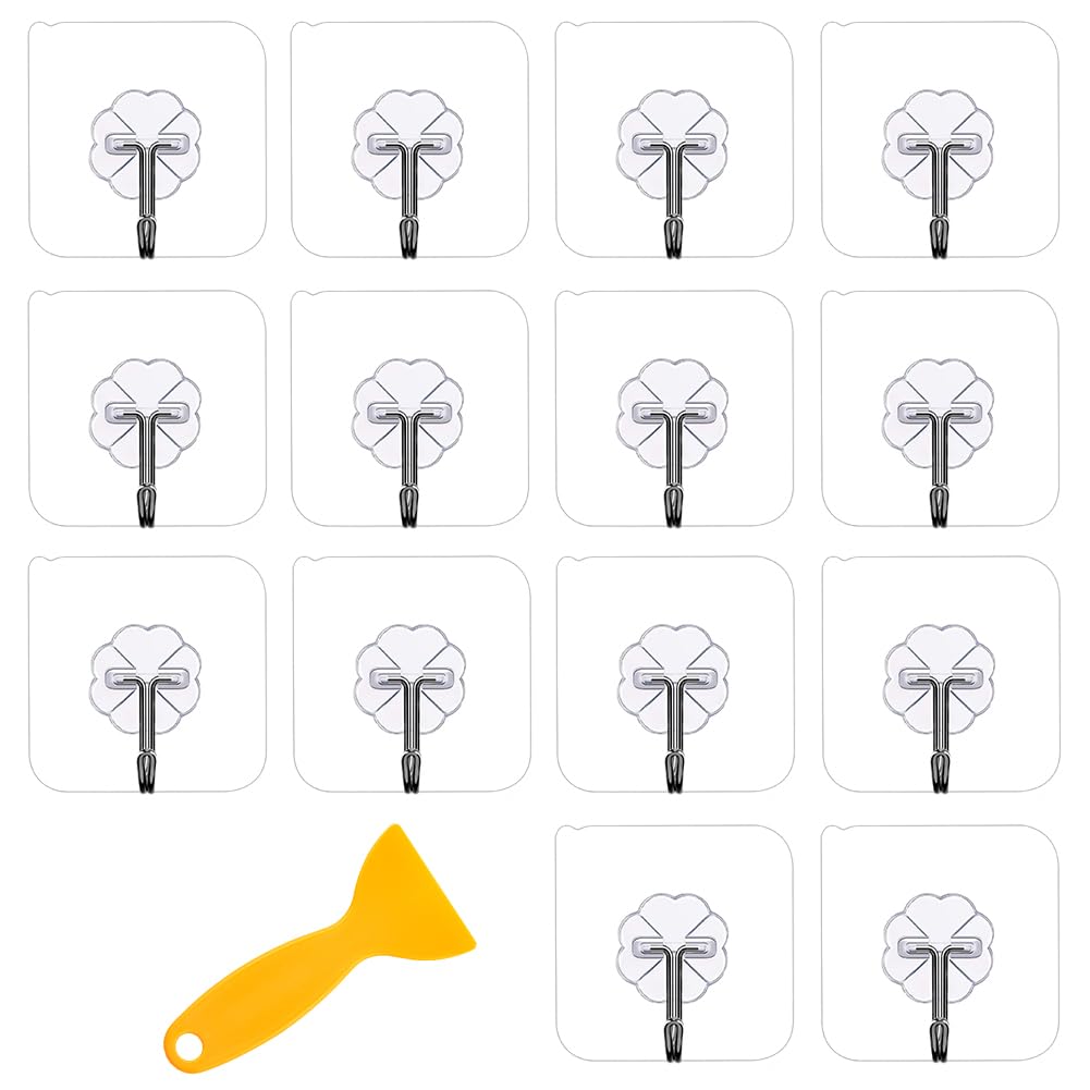 Adhesive Hooks 14Packs Heavy Duty Wall Hooks 15Lbs(Max) Self Adhesive Wall Hanger Towel Hooks for Bathrooms Strong Hold for Kitchen Bathroom Clothes Office(Free Scraper)