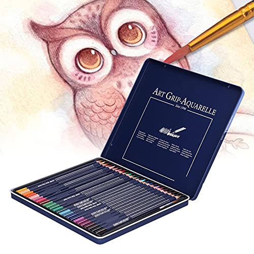 Lápices de Acuarela, Juego de Lápices de Colores Solubles en Agua, Lápices de Colores con Pintura de Troncos Triangulares Gruesos con Caja de Hierro(24 colores)