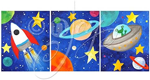 3 Space Themed Prints for kids room decor by nJoyArt. Whimsical blue space themed art for kids by nJoy Art.