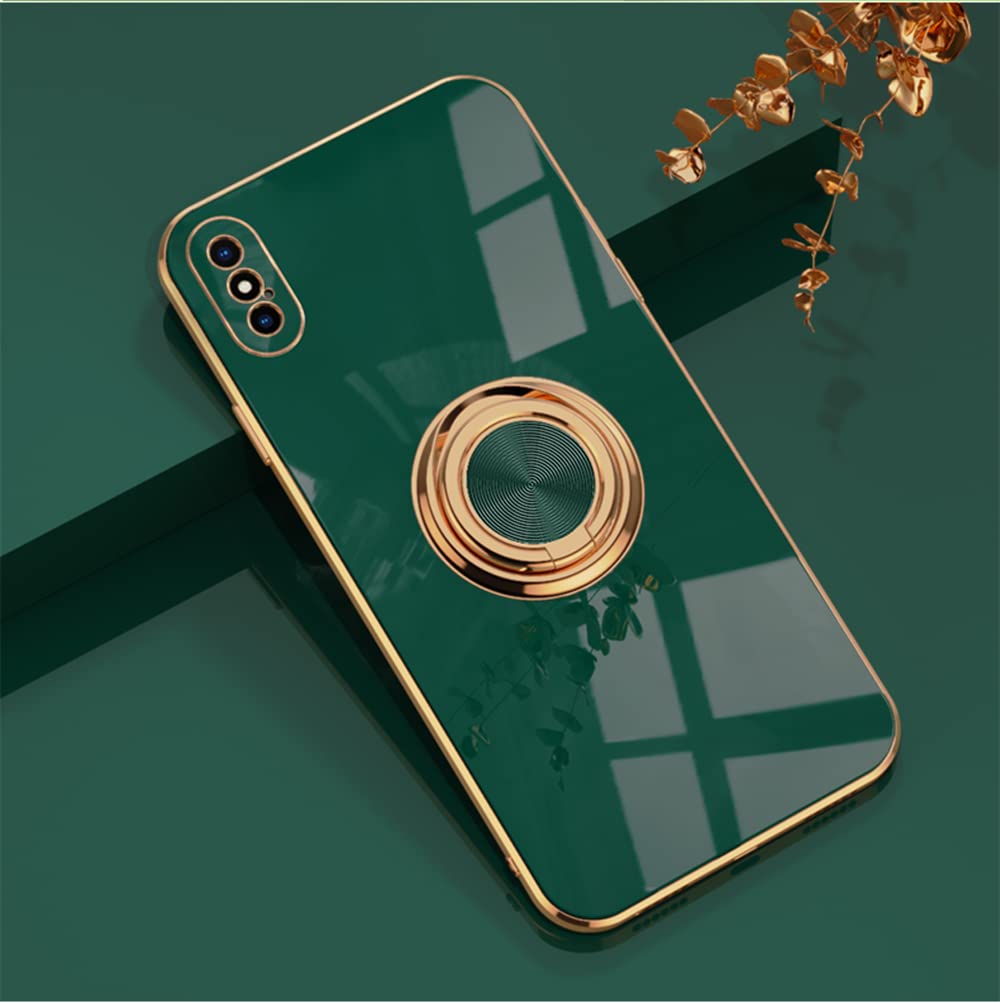 EYZUTAK Electroplated Magnetic Ring Holder Case for iPhone X iPhone XS, 360 Degree with Rotation Metal Finger Ring Holder Magnet Car Holder Soft Silicone Shockproof Cover for iPhone X/XS - Drak Green