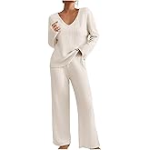 SCRRMZO 2 Piece Outfits for Women Long Sleeve Knit Sweater Top and Wide Leg Pants Ribbed Lounge Matching Set Fall Winter
