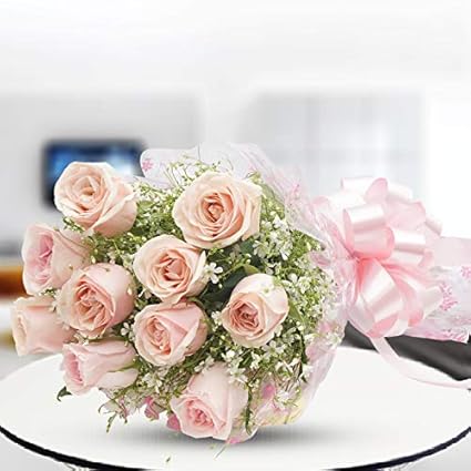 FloraIndia Fresh Flowers Bunch of 10 Pink Roses with Seasonal Leaves