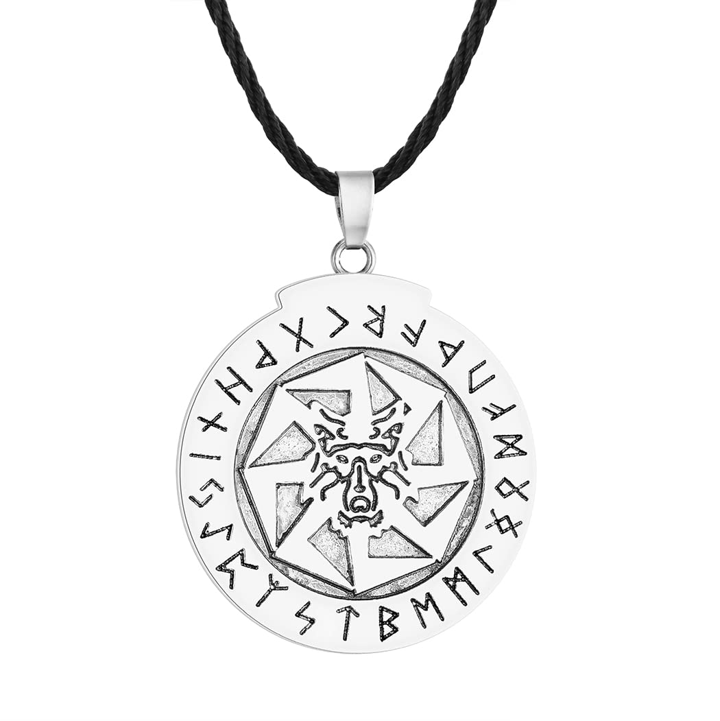 LUTAKU Norse Viking Kolovrat Rune Wolf Necklace for Men Punk Slavs Mythology Rune Letter Pendant Black Leather Chain Amulet Jewelry