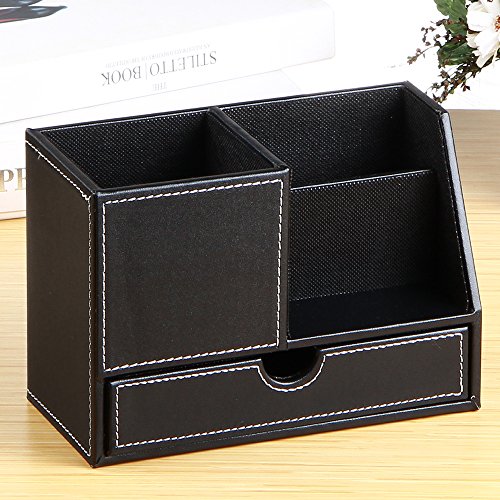 PU Leather Multi-function Desk Stationery Organizer Storage Box Pen and Pencil holders Business Cards Stand Desk Organizer Set Office Table Accessories (Black-large)