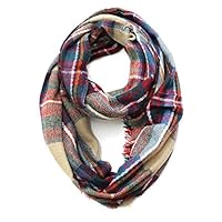 Plum Feathers Premium Plaid Print Infinity Scarf (Camel with Frayed Edges)