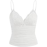 LOFAAC Women Sexy Y2K V Neck Lace Patchwork Cami Shirt Cute Slim Fit Sleeveless Spaghetti Strap Going Out Camisole Tank
