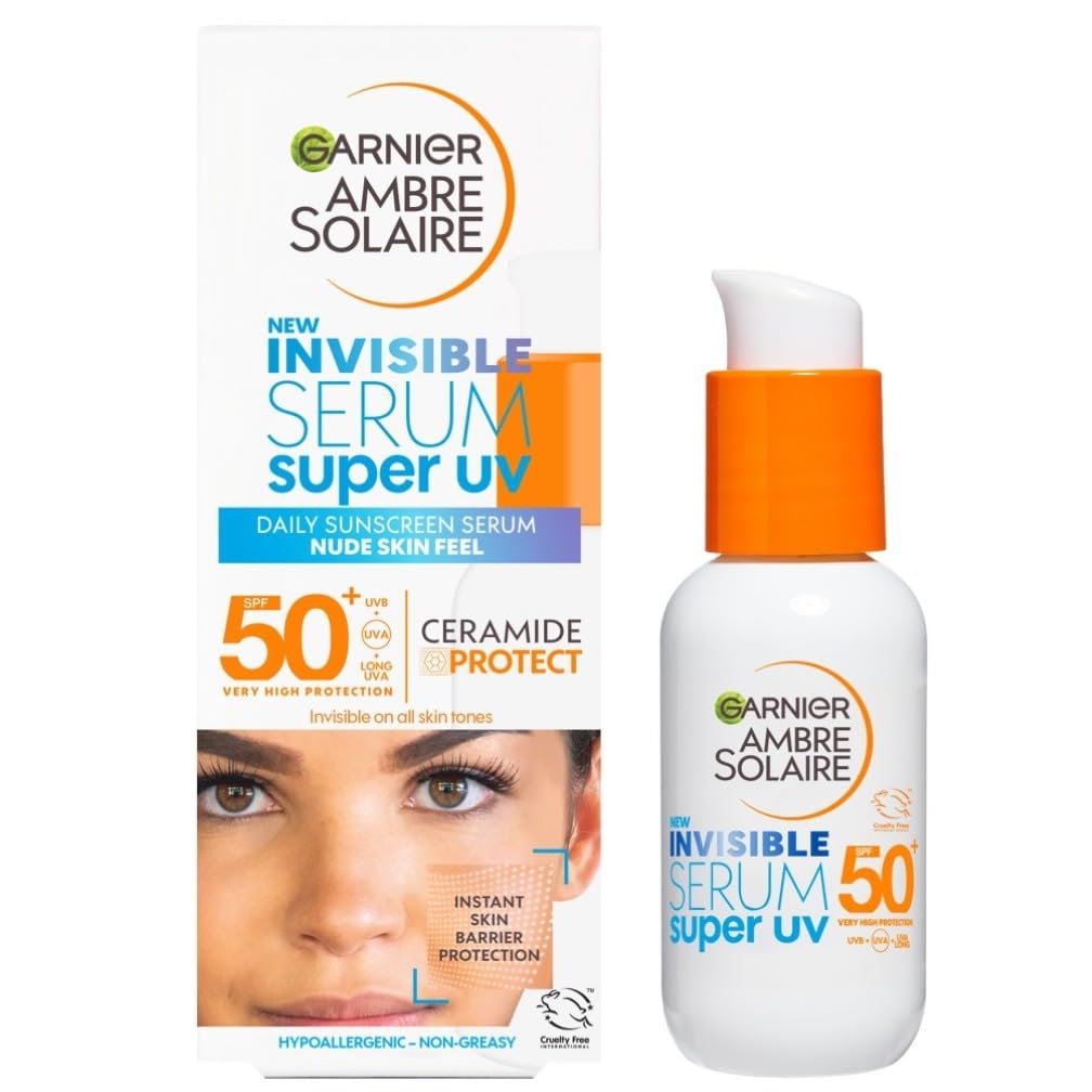 Garnier Ambre Solaire Sun Cream SPF 50+ Super UV Invisible Serum Moisturiser for Face, High Protection Against UVA & UVB, For all Skin Types, With Hyaluronic Acid, Vitamin E & Ceramides, Vegan, 30ml — image 1