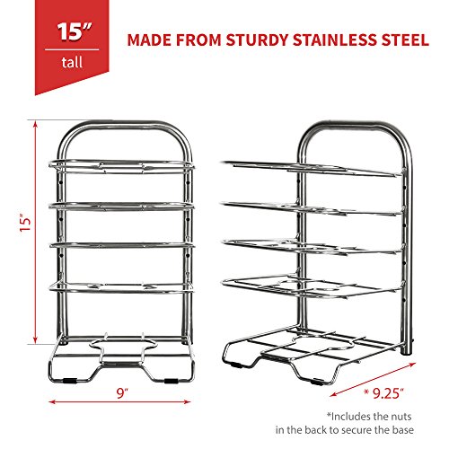 BTH Heavy-Duty Height Adjustable Pot Pan Stainless Steel Organizer Rack 5-Tier: 10, 11 & 12 Inch Kitchenware Cookware Pot Rack Cabinet Countertop Storage Solution (15" Tall)