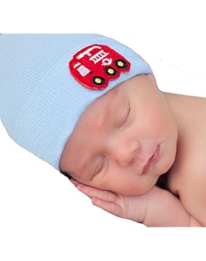 Melondipty Solid Blue Baby Hat with Firetruck Felt Patch Newborn Hospital Hat
