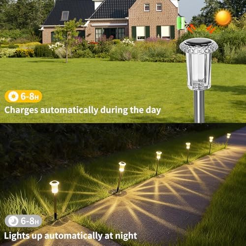 Luci Solari da Giardino a LED–Lampade Solari da Esterno (Set da 6)–Illuminazione Solare da Giardino Bianco Caldo–Decorazione Solare da Giardino Impermeabile IP44 per Prati, Ambienti Esterni e Giardini