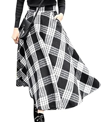 ARTFFEL-Women Fashion High Waist Plaid Big Hem Wool Blend Long A-Line Skirts