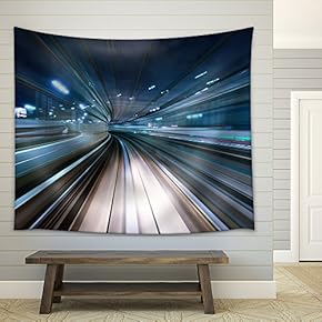 Motion Blur of a City and Tunnel from Inside a Moving Monorail in Tokyo. - Fabric Wall Tapestry Home Decor - 51x60 inches
