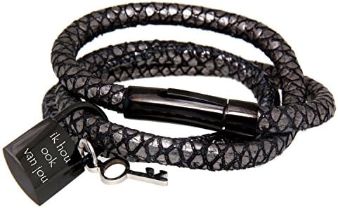 GENUINE LEATHER PYTHON PRINT, Dark Grey, Stainless steel Clasp Wrap Bracelet with Engraveable Plate