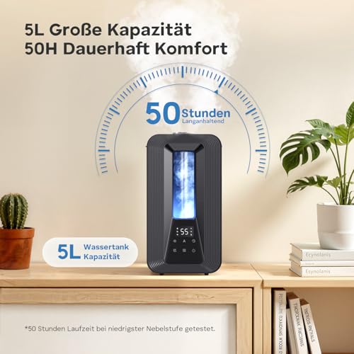5L Top Fill Luftbefeuchter Schlafzimmer, Ultraschall Kühle Nebel Humidifier mit Aroma Diffuser, Smart Hygrostat, Nachtlicht, 50H/25dB Leise Raumluftbefeuchter für Pflanzen Baby Kinderzimmer