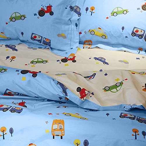 BuLuTu Cartoon Sports Cars Print Boys Duvet Cover Queen Cotton Blue Darker White,Red Yellow Green Trucks Transport Vehicles Reversible Kids Bedding Sets Full Teen Comforter Cover,No Comforter - Thumbnail 3