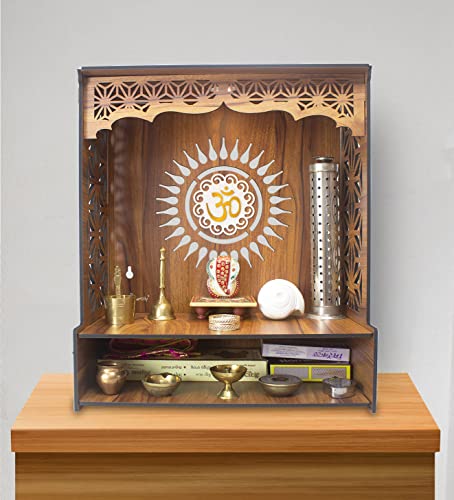 Heartily Shree Beautiful Wooden Pooja Stand for Home Mandir for Home Temple for Home and Office Puja Mandir for Home and Office Wall with LED Spot Light Product (H 18, L 16, W8.75 Inch)